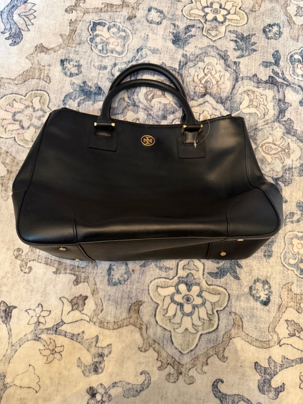 Tory Burch East West Robinson Black Leather Top-Handle Satchel with Gold Logo